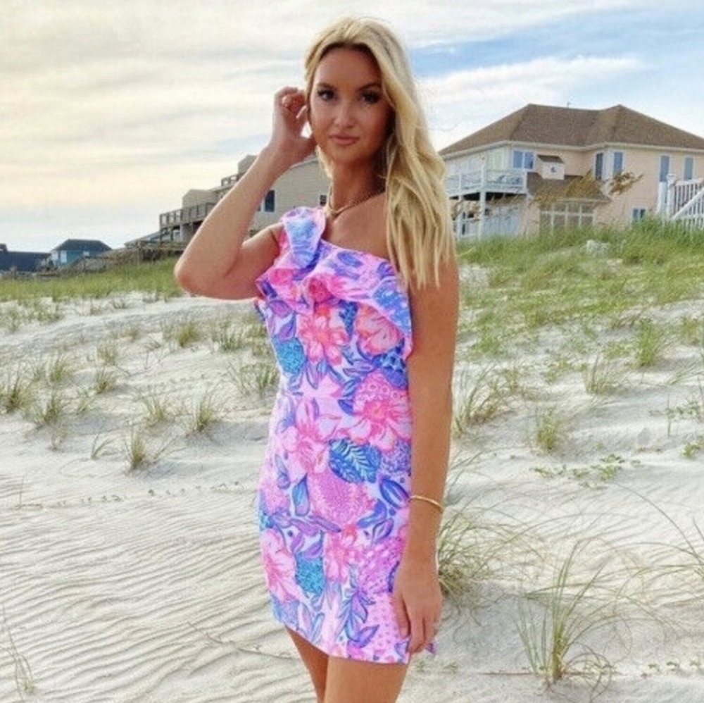 Lilly Pulitzer Size 16 Rumper Dress Snsppy Turtle One Shoulder Coastal Beach - Picture 3 of 13